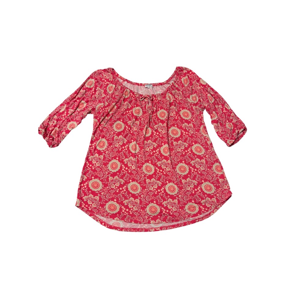 Old Navy Peasant Blouse Red Floral Rayon 3/4 Sleeve Scoop Neck Top Womens L